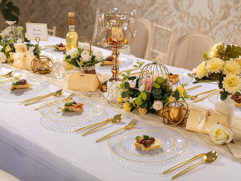Rubtlamp 60Pcs Clear Plastic Plates,Clear Disposable Plates With Gold Rim,Heavy-duty Gold Plates,Hammered Party Plates Include 30Clear Dessert-Platos,30Dinner-Platos for Wedding, Party&Thanksgiving - Image 5