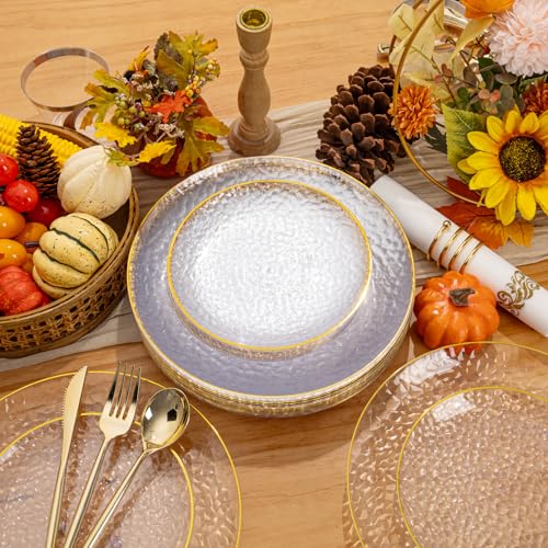 Rubtlamp 60Pcs Clear Plastic Plates,Clear Disposable Plates With Gold Rim,Heavy-duty Gold Plates,Hammered Party Plates Include 30Clear Dessert-Platos,30Dinner-Platos for Wedding, Party&Thanksgiving - Image 2