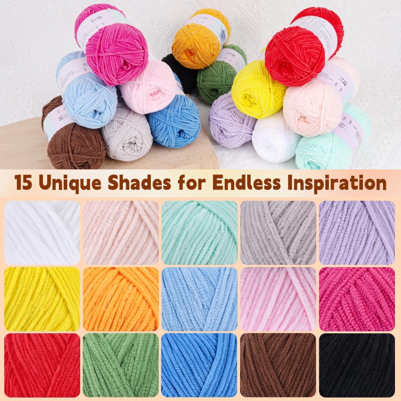 Reessy Skinny Chenille Yarn Pack â€“ 15 Skeins Multi-Color Edition(1.76oz/50g Each, 15 Colors, Total 2,370yd) â€“ Multi Color Skinny Chenille Yarn kit CYC#2 â€“ Crochet Starter Kit for Toys, Baby Blanket - Image 2