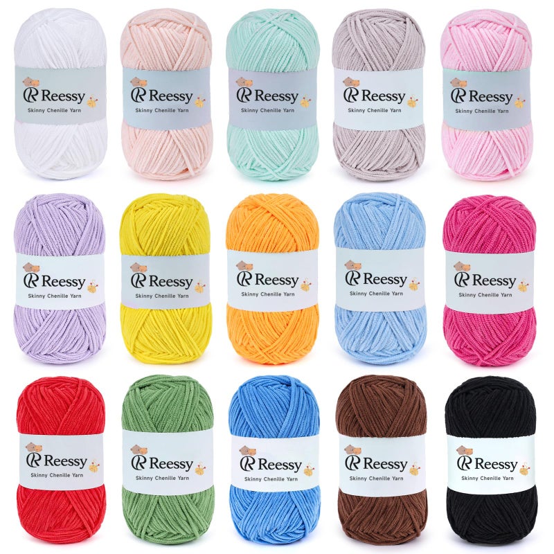 Reessy Skinny Chenille Yarn Pack â€“ 15 Skeins Multi-Color Edition(1.76oz/50g Each, 15 Colors, Total 2,370yd) â€“ Multi Color Skinny Chenille Yarn kit CYC#2 â€“ Crochet Starter Kit for Toys, Baby Blanket - Image 1