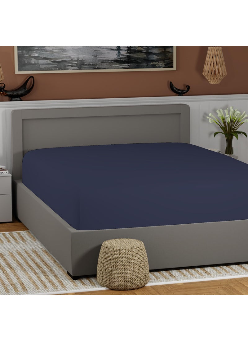 SUPREME ELEGANCE 100% Cotton Twin Dark Blue Fitted Sheet Only  Lightweight Back to School College Essentials Mattress Fitted Sheet (39  W x 75  L)  Highly Breathable  Cool & Crisp  17"" Deep Pocket Dark Blue Bed Sheets  - Image 1
