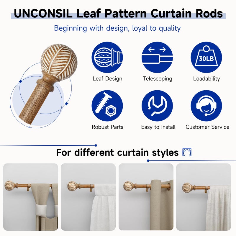 UNCONSIL Wood Curtain Rods for Windows: 1 Inch Diameter Adjustable Heavy Duty Curtain Rod 48" to 86" with Imitation Wood Grain Leaf Pattern Finials - Image 5