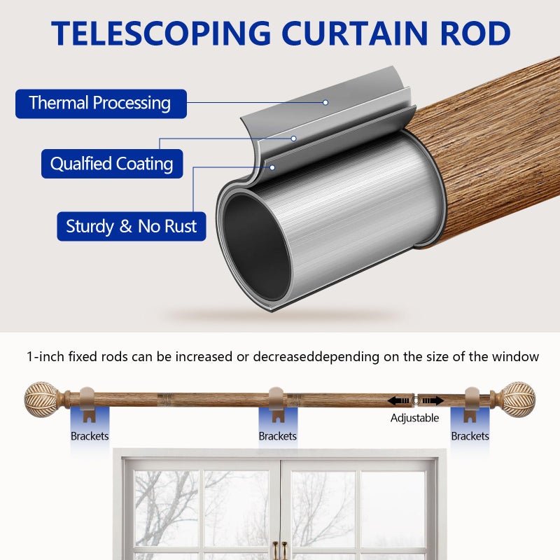 UNCONSIL Wood Curtain Rods for Windows: 1 Inch Diameter Adjustable Heavy Duty Curtain Rod 48" to 86" with Imitation Wood Grain Leaf Pattern Finials - Image 4