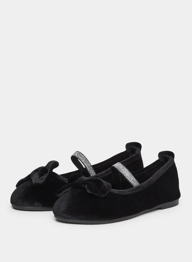 Styli Girls Black Velvet Look Balleris with Bow