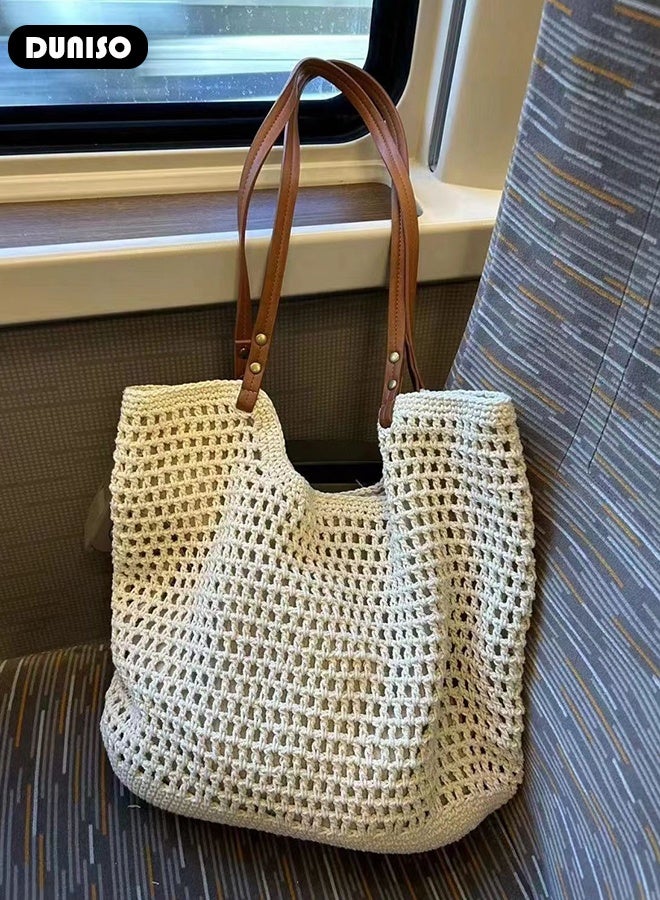 DUNISO Women's Shoulder Tote Bag Straw Design Handbag For Women Large Capacity Bucket Bag Woven Straw Bag Summer Beach Tote Purse Fashionable Travel Messenger Shoulder Bag for Ladies Girls College Students - Image 4