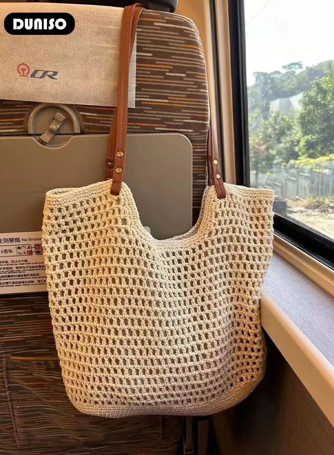 DUNISO Women's Shoulder Tote Bag Straw Design Handbag For Women Large Capacity Bucket Bag Woven Straw Bag Summer Beach Tote Purse Fashionable Travel Messenger Shoulder Bag for Ladies Girls College Students - Image 3