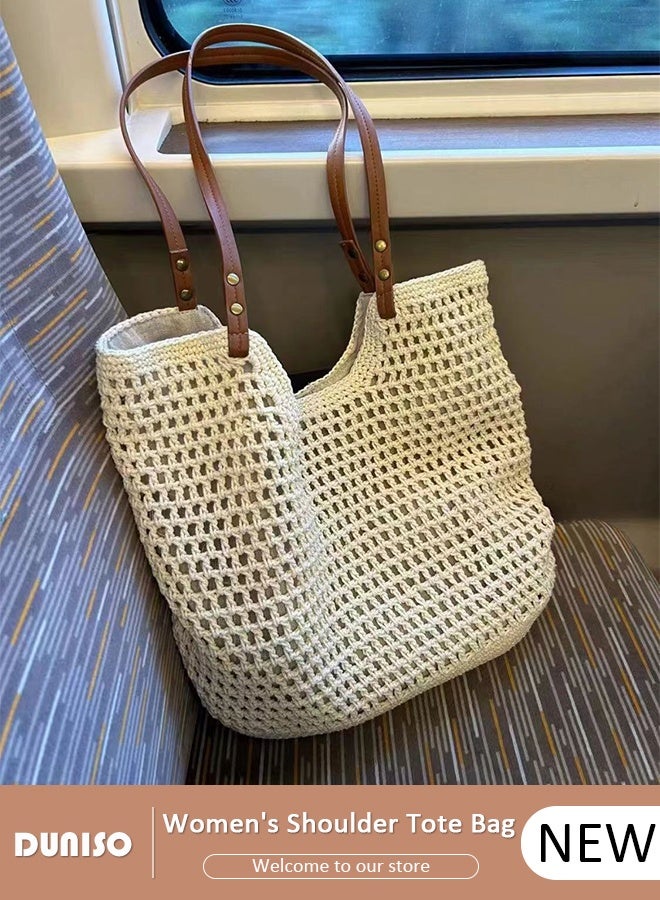 DUNISO Women's Shoulder Tote Bag Straw Design Handbag For Women Large Capacity Bucket Bag Woven Straw Bag Summer Beach Tote Purse Fashionable Travel Messenger Shoulder Bag for Ladies Girls College Students - Image 1