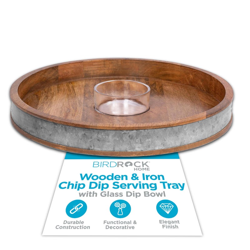 BirdRock Home BIRDROCK HOME Wooden  Iron Chip Dip Serving Tray wGlass Dip Bowl  Extra Large Decorative Kitchen Platter  Salsa Guacamole Veggies Cheese  Decor for Coffee Table Dining  Living Room  Round