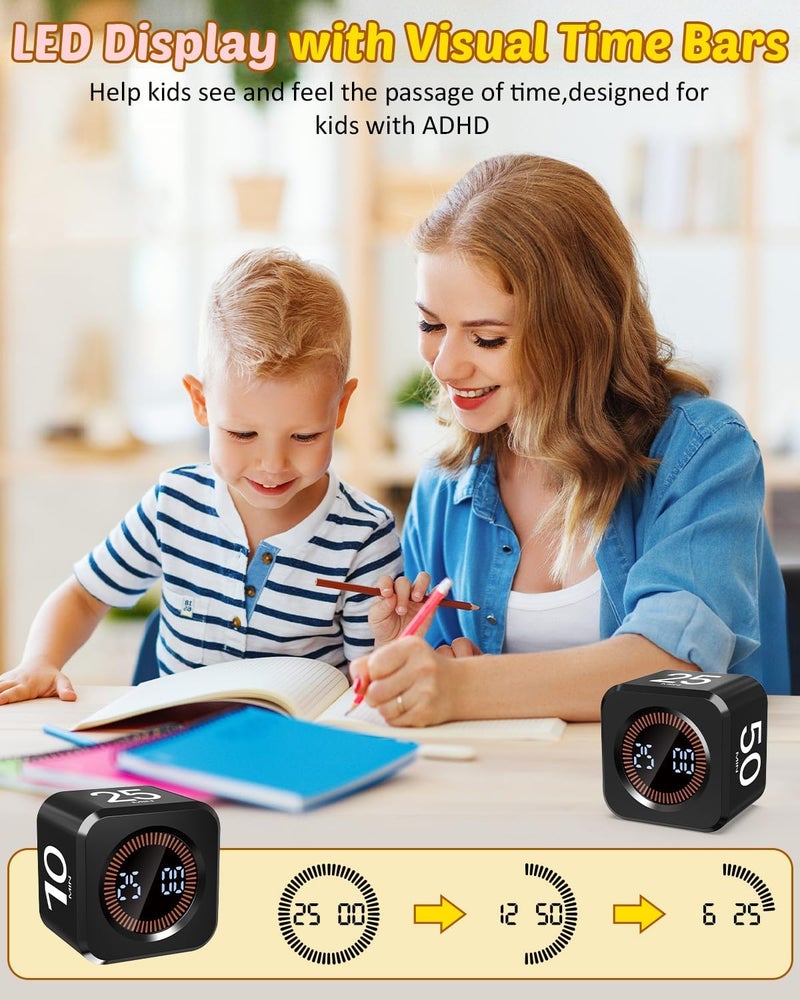 COWVTUJ Pomodoro Timer Cube Visual Productivity Flip Timer for Kids Classroom Desk, 5/10/25/50min&Custom Countdown, Silent&Sound Mode Digital Cube for ADHD Study Work School Game Kitchen (Black) - Image 5