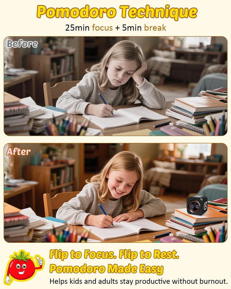 COWVTUJ Pomodoro Timer Cube Visual Productivity Flip Timer for Kids Classroom Desk, 5/10/25/50min&Custom Countdown, Silent&Sound Mode Digital Cube for ADHD Study Work School Game Kitchen (Black) - Image 3