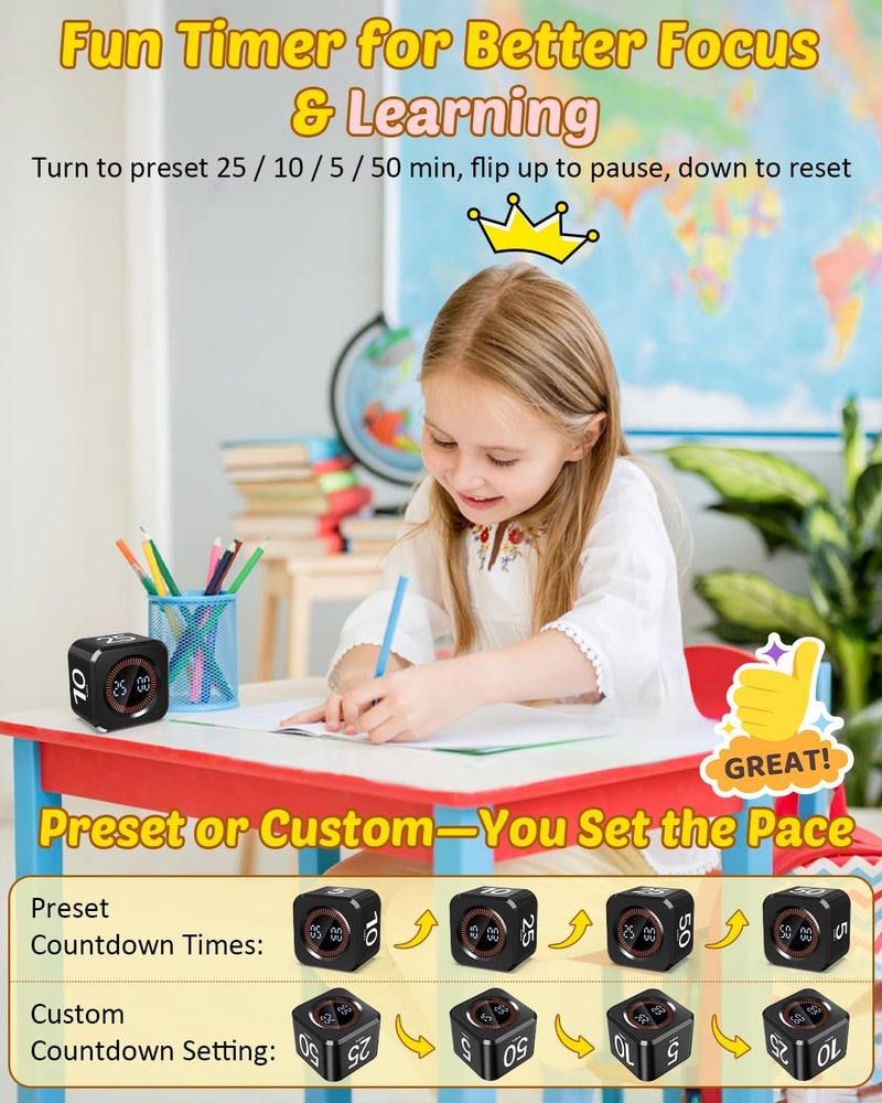 COWVTUJ Pomodoro Timer Cube Visual Productivity Flip Timer for Kids Classroom Desk, 5/10/25/50min&Custom Countdown, Silent&Sound Mode Digital Cube for ADHD Study Work School Game Kitchen (Black) - Image 2