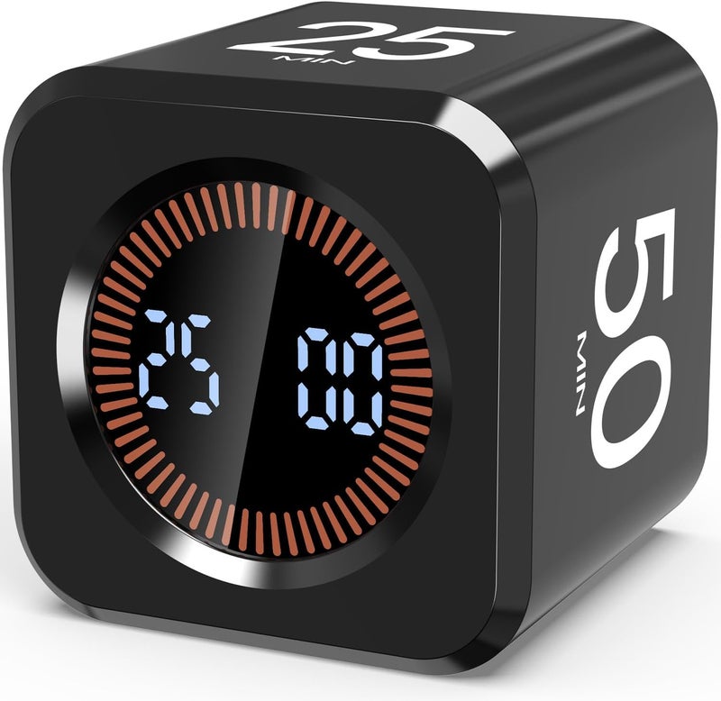 COWVTUJ Pomodoro Timer Cube Visual Productivity Flip Timer for Kids Classroom Desk, 5/10/25/50min&Custom Countdown, Silent&Sound Mode Digital Cube for ADHD Study Work School Game Kitchen (Black) - Image 1