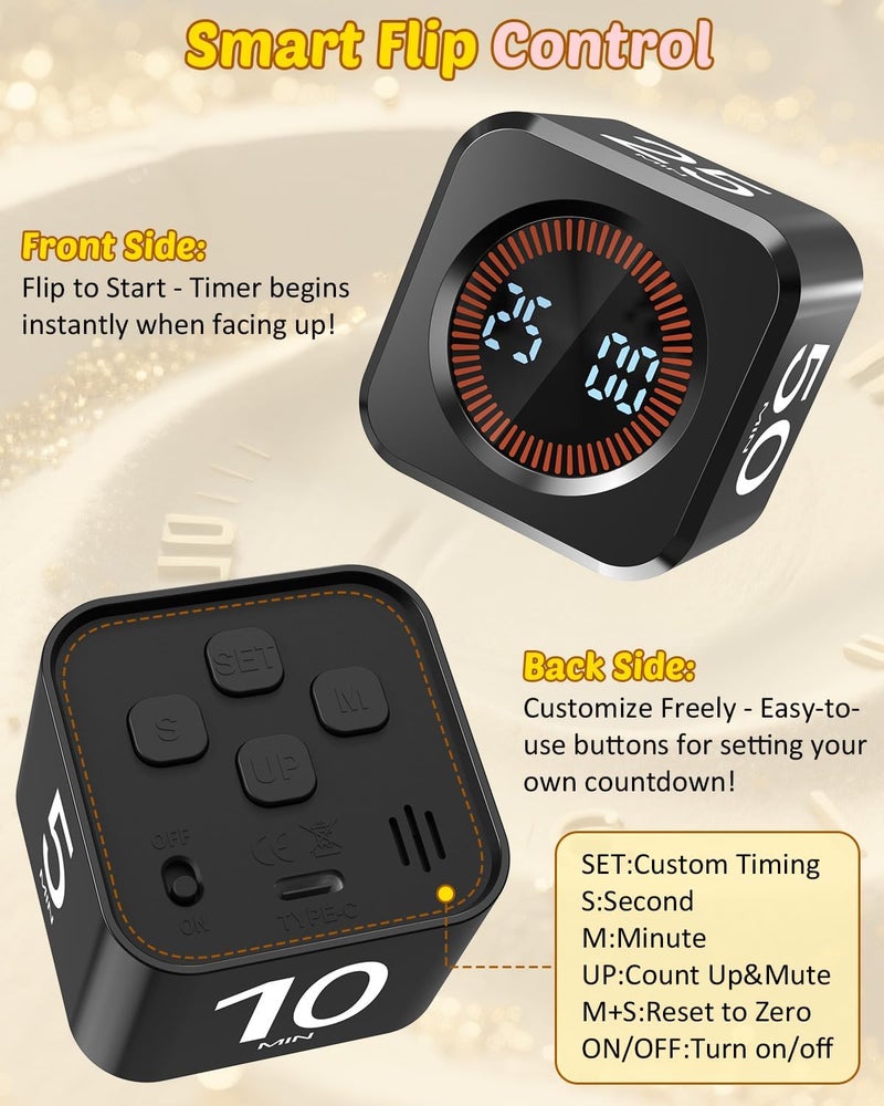 COWVTUJ Pomodoro Timer Cube Visual Productivity Flip Timer for Kids Classroom Desk, 5/10/25/50min&Custom Countdown, Silent&Sound Mode Digital Cube for ADHD Study Work School Game Kitchen (Black) - Image 4