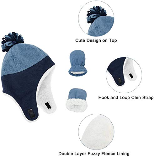 Zando Navy & Blue Baby Winter Hat and Mitten Set - Cute Fleece Sherpa Infant Hats, Warm Toddler Beanie with Ear Flaps, Toddler Aviator Caps, Baby Winter Essentials for Outdoor Home Wear 3-12 Months - Image 2