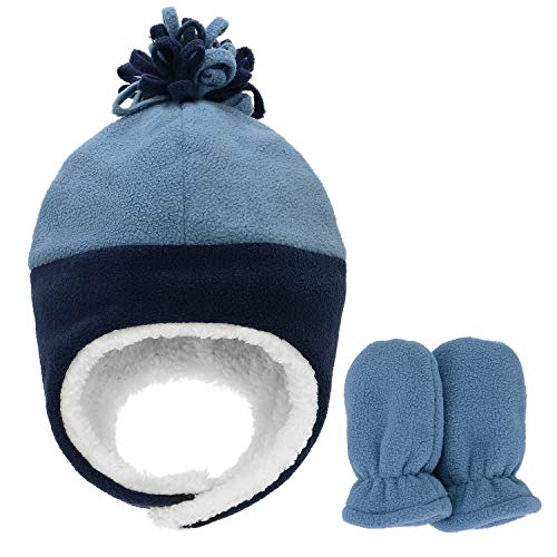Zando Navy & Blue Baby Winter Hat and Mitten Set - Cute Fleece Sherpa Infant Hats, Warm Toddler Beanie with Ear Flaps, Toddler Aviator Caps, Baby Winter Essentials for Outdoor Home Wear 3-12 Months - Image 4