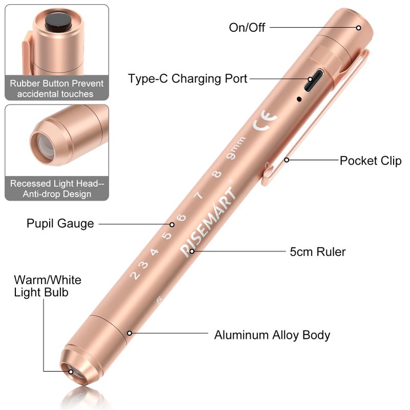 Risemart Rechargeable Pen Light For Nurses And Doctors - Led Medical Penlight With Usb Charging  Dual Light Modes  Durable Clip - Ideal Gift For Graduation  Night Shift  Clinical Use - Gold - Image 5