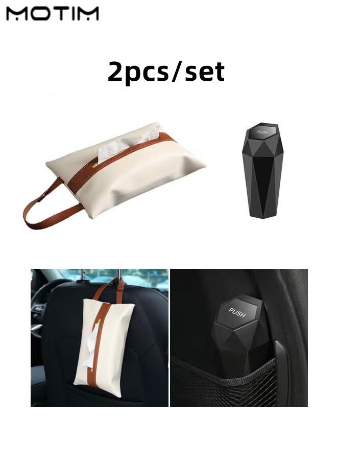 Motim 1 Pcs Leather Car Tissue Holder Waterproof Car Napkin Holder And 1 Pcs Car Trash Can, Leakproof Dustbin  - Image 1