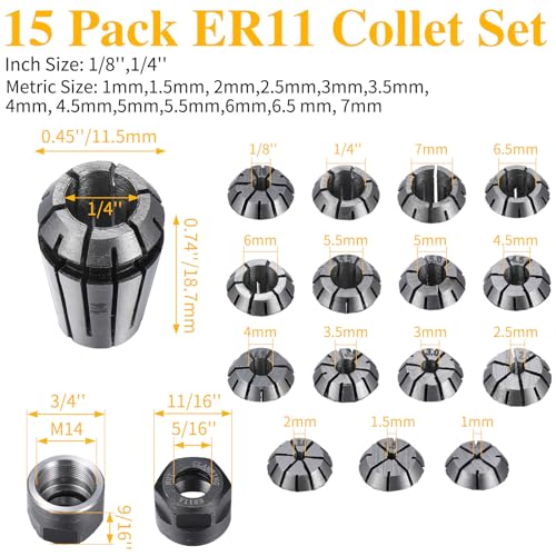 Yaocom 19 Pcs ER11 Spring Collet Set Er11 A M14 Thread Collet Clamping Nuts Precision Spring for CNC Engraving Milling Lathe Chuck Tool, 1.0mm-7.0mm and 1/4, 1/8 - Image 2