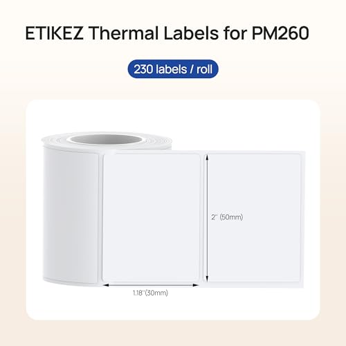 ETIKEZ Thermal Label for PM260 Printer, 2"x1.18"(50x30mm) Thermal Tape, Waterproof, Multi-Purpose Label, 1 Roll of 230 Self-Adhesive Thermal Paper (White) - Image 2