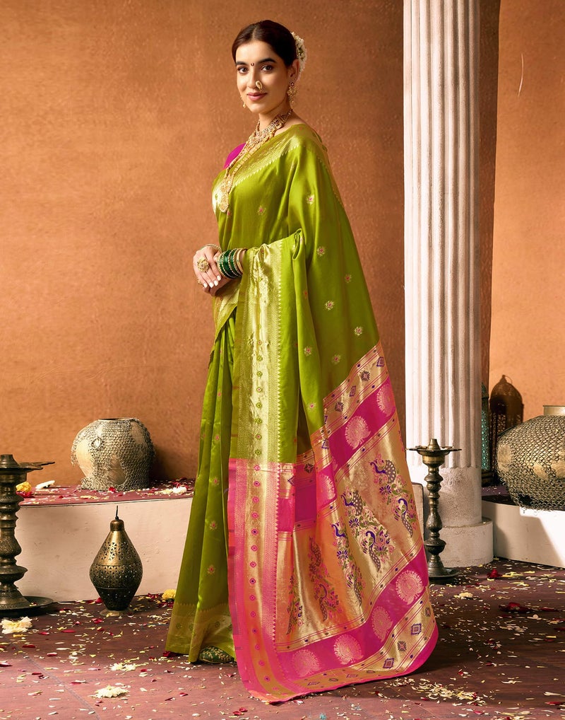 SIRIL Women's Paithani Soft Silk Saree Pure Banarasi Silk Saree with Unstitched Blouse Piece (4360S931_Green & Pink) - Image 2