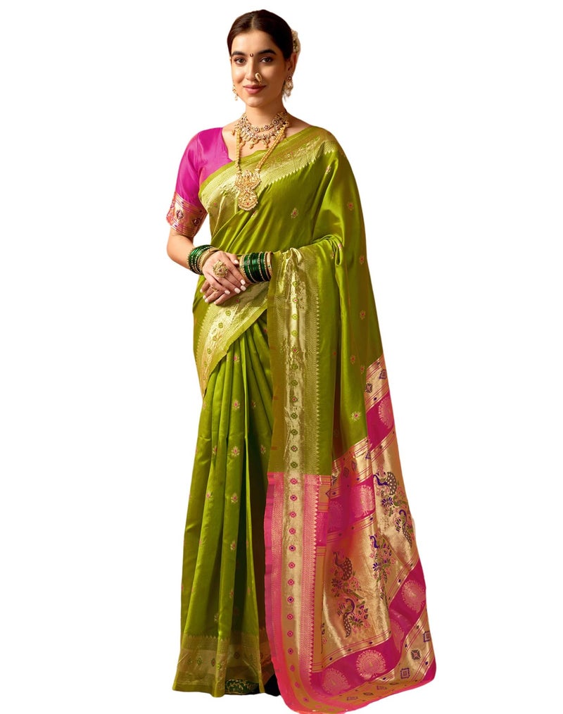 SIRIL Women's Paithani Soft Silk Saree Pure Banarasi Silk Saree with Unstitched Blouse Piece (4360S931_Green & Pink) - Image 1