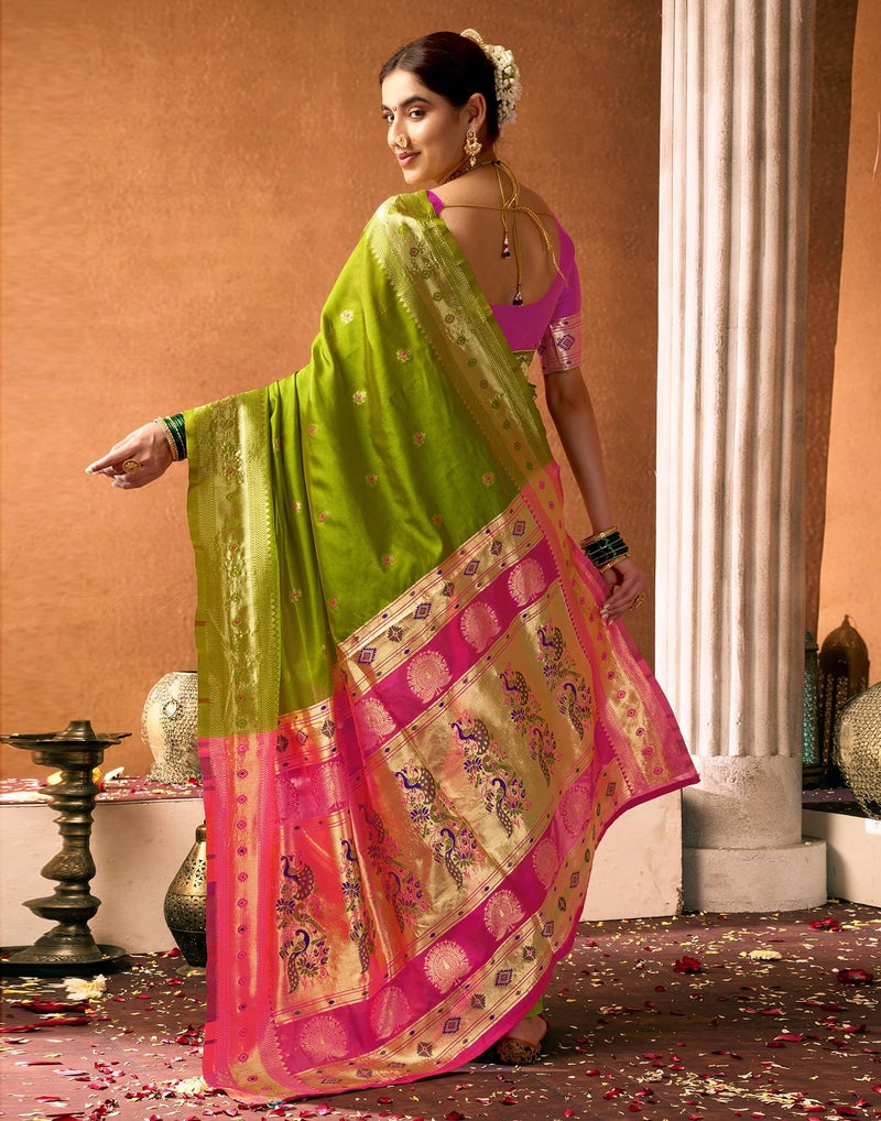SIRIL Women's Paithani Soft Silk Saree Pure Banarasi Silk Saree with Unstitched Blouse Piece (4360S931_Green & Pink) - Image 4