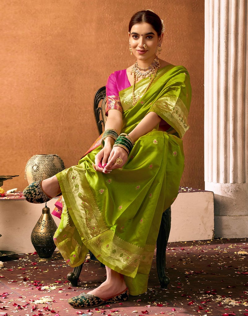 SIRIL Women's Paithani Soft Silk Saree Pure Banarasi Silk Saree with Unstitched Blouse Piece (4360S931_Green & Pink) - Image 5