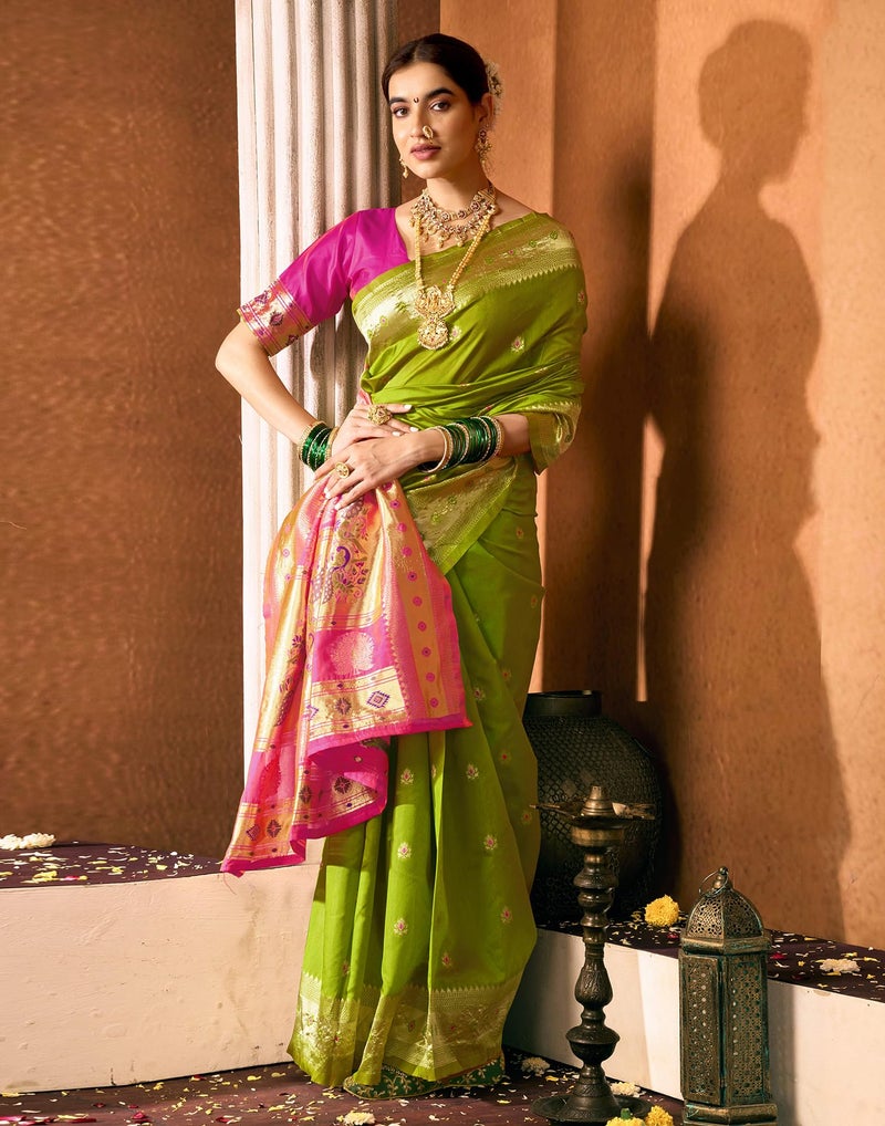 SIRIL Women's Paithani Soft Silk Saree Pure Banarasi Silk Saree with Unstitched Blouse Piece (4360S931_Green & Pink) - Image 3