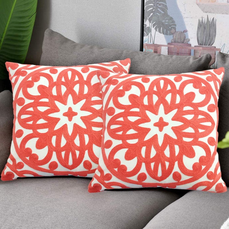 Alysheer Embroidered Decorative Throw Pillow Covers 18"x18" Set of 2pcs, Classic Boho Mandala Knit Pattern Cotton Canvas Cozy Cushion Cases for Sofa Couch Living Room (Coral Peach) - Image 1