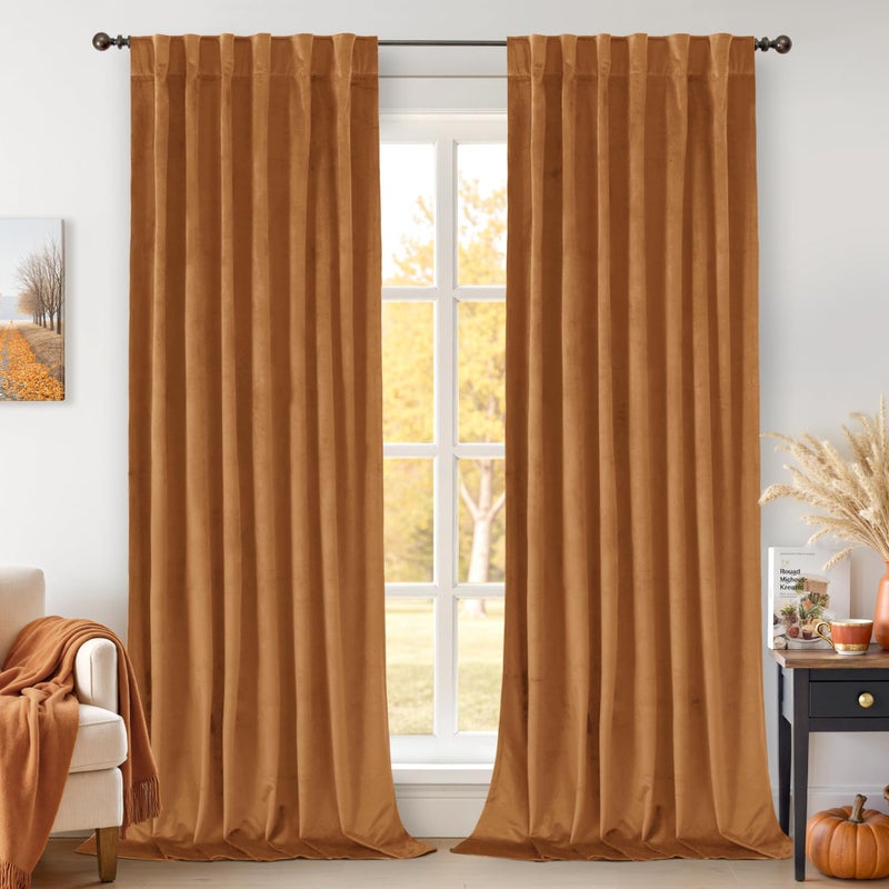 BGment Orange Velvet Curtains 84 inches 2 Panels - Luxury Thermal Insulated Blackout Super Soft Fall Decor Rod Pocket and Back Tab Window Curtains for Bedroom Living Room, 52 x 84 Inch, Orange Brown - Image 1