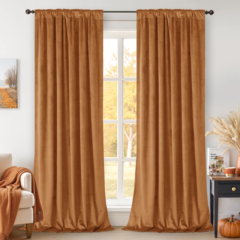 BGment Orange Velvet Curtains 84 inches 2 Panels - Luxury Thermal Insulated Blackout Super Soft Fall Decor Rod Pocket and Back Tab Window Curtains for Bedroom Living Room, 52 x 84 Inch, Orange Brown - Image 2