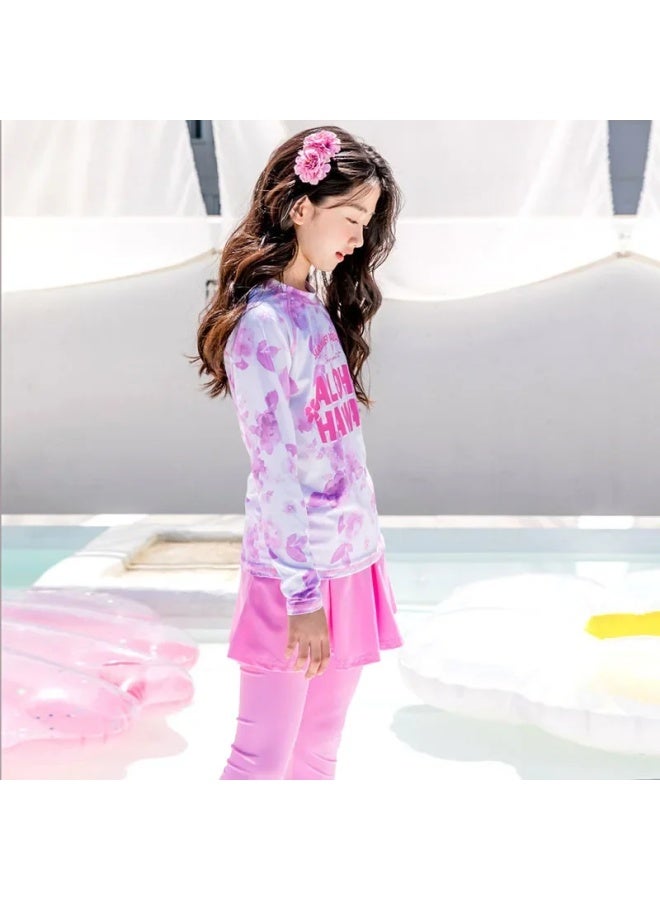 Loquat Children's Swimsuit Girls' Medium And Large Children's Two-piece Long-sleeved Swimsuit 2023 Cute Girls' Sun Protection Quick-drying Swimsuit-Color:5024 Letter Purple Flower Skirt- - Image 5