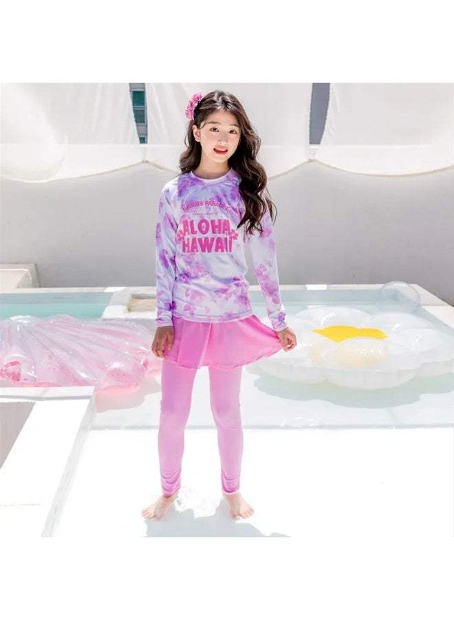 Loquat Children's Swimsuit Girls' Medium And Large Children's Two-piece Long-sleeved Swimsuit 2023 Cute Girls' Sun Protection Quick-drying Swimsuit-Color:5024 Letter Purple Flower Skirt- - Image 4