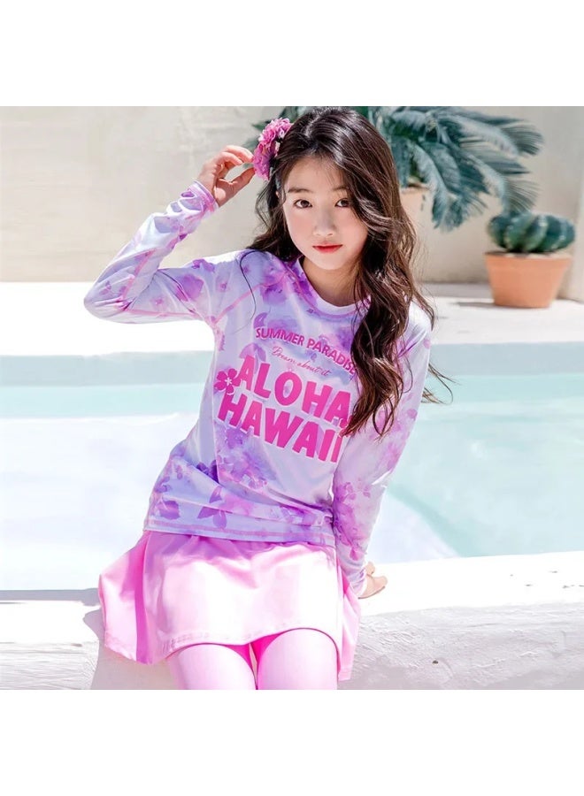 Loquat Children's Swimsuit Girls' Medium And Large Children's Two-piece Long-sleeved Swimsuit 2023 Cute Girls' Sun Protection Quick-drying Swimsuit-Color:5024 Letter Purple Flower Skirt- - Image 2