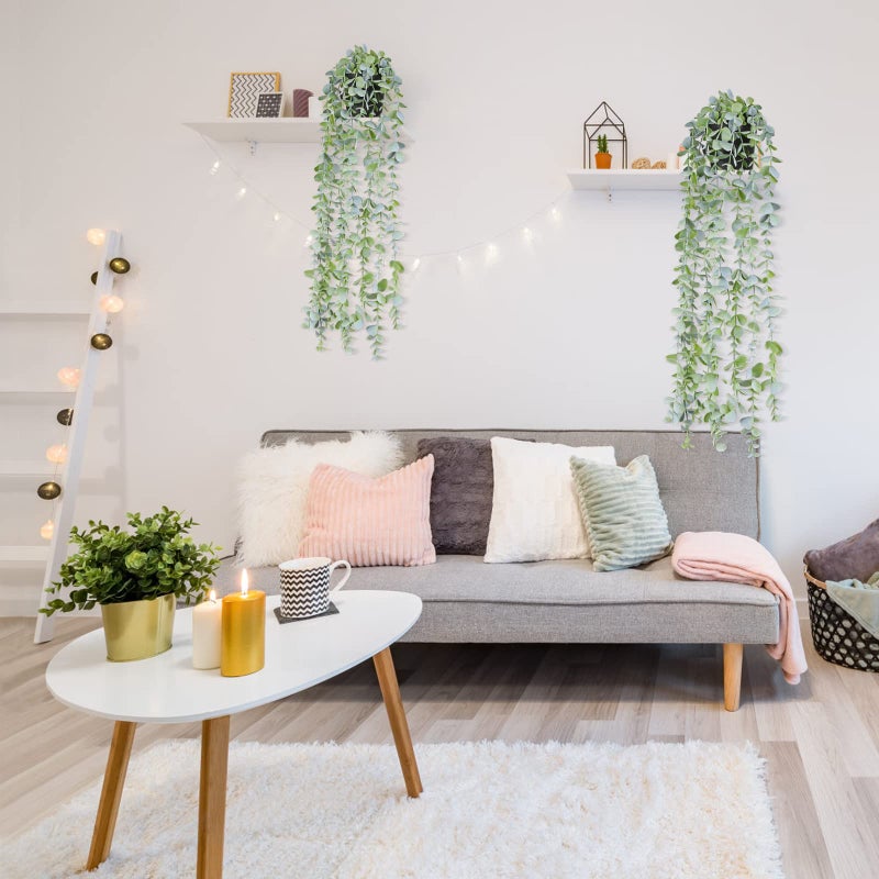 BACAMA Fake Hanging Plants Eucalyptus Potted Artificial Plant Small Faux Ivy Vines Decor for Floating Shelf Kitchen Bathroom Cabinets Indoor Outdoor Pack of 2 23.6 Inches Long - Image 2