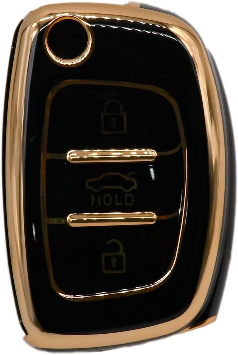 KMH-Gold Border TPU Key Cover Compatible for Hyundia, Creta, i20 Elite, i20 Active, Venue, Aura, Grand i10, Nios, 3 Button Smart Key Cover (Pack of 1, Black) - Image 2