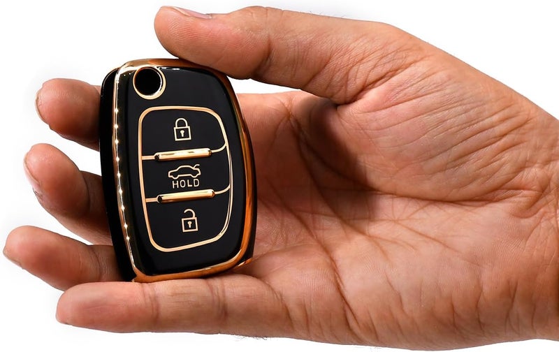 KMH-Gold Border TPU Key Cover Compatible for Hyundia, Creta, i20 Elite, i20 Active, Venue, Aura, Grand i10, Nios, 3 Button Smart Key Cover (Pack of 1, Black) - Image 1