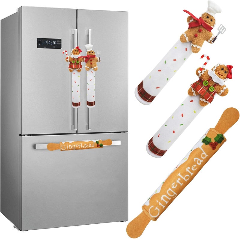 OurWarm أغطية مقابض الثلاجة لعيد الميلاد مجموعة من 3، ديكور مطبخ عيد الميلاد من خبز الزنجبيل أغطية مقابض الثلاجة لزينة عيد الميلاد الداخلية في المنزل - Image 1