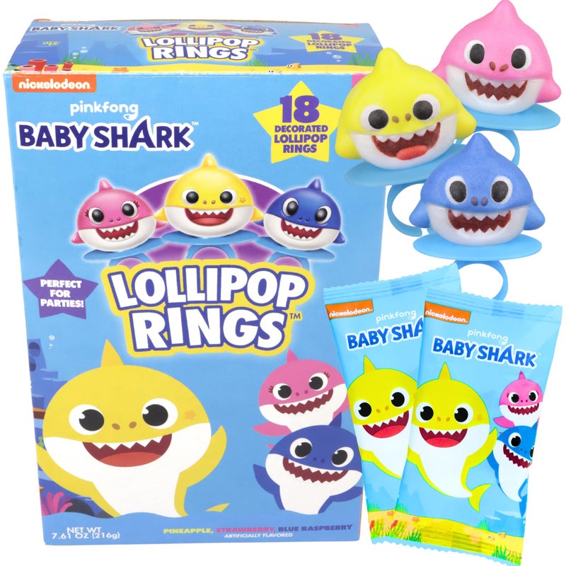 Imaginings 3 Baby Shark Lollipop Rings, Individually Wrapped Birthday Party Favors, Character Shaped Assorted Fruit Flavored Lollipops, Candy Goody Bag Fillers, 18 Rings - Image 1
