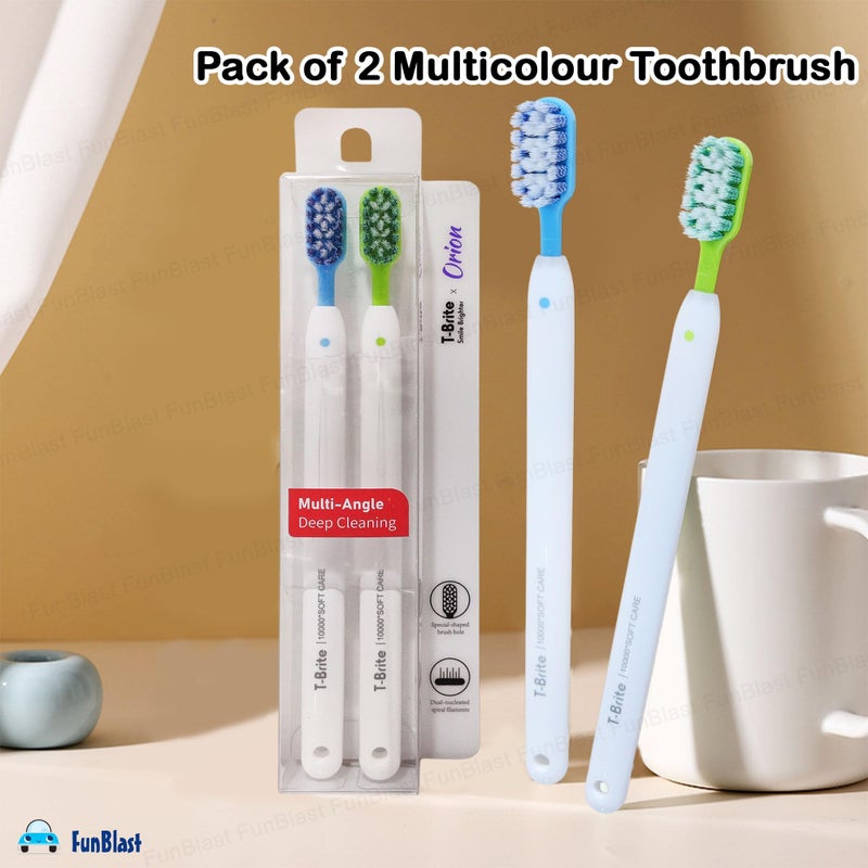 FunBlast Tooth Brush Set - Pack of 2 Toothbrush for Men & Women, Multi Angle Deep Cleaning Bristles for Sensitive Teeth, Toothbrush Soft Bristles Manual Tooth Brush for Adults - Multicolor (2) - Image 3