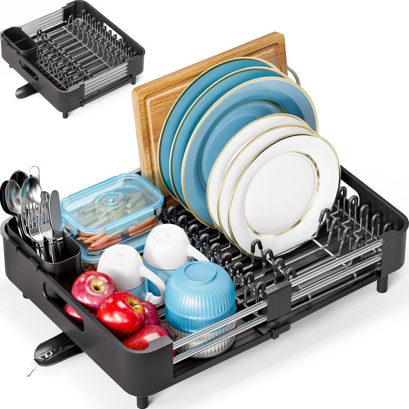 KINGRACK Extendable Dish Drainer Rack Stainless Steel Foldable Dish Rack with Removable Cutlery Holder and AntiScratch Holder Adjustable Draining Board Rack with Drainage Spout Black