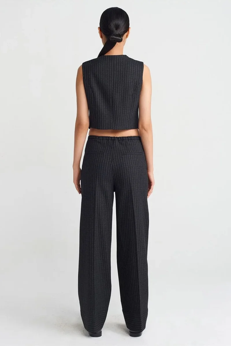 Dilvin Black DILVIN Wide-Leg Striped Trousers for Women | Best Price UAE