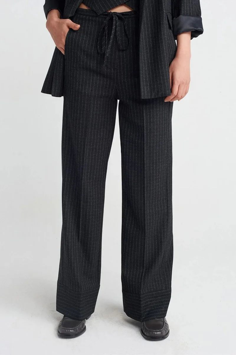 Dilvin Black DILVIN Wide-Leg Striped Trousers for Women | Best Price UAE