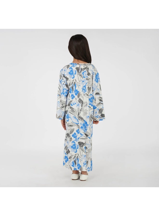 Linelle Floral Kids Jalabiya –  Printed Maxi with V-Neck and Stone Embellishments - Image 1