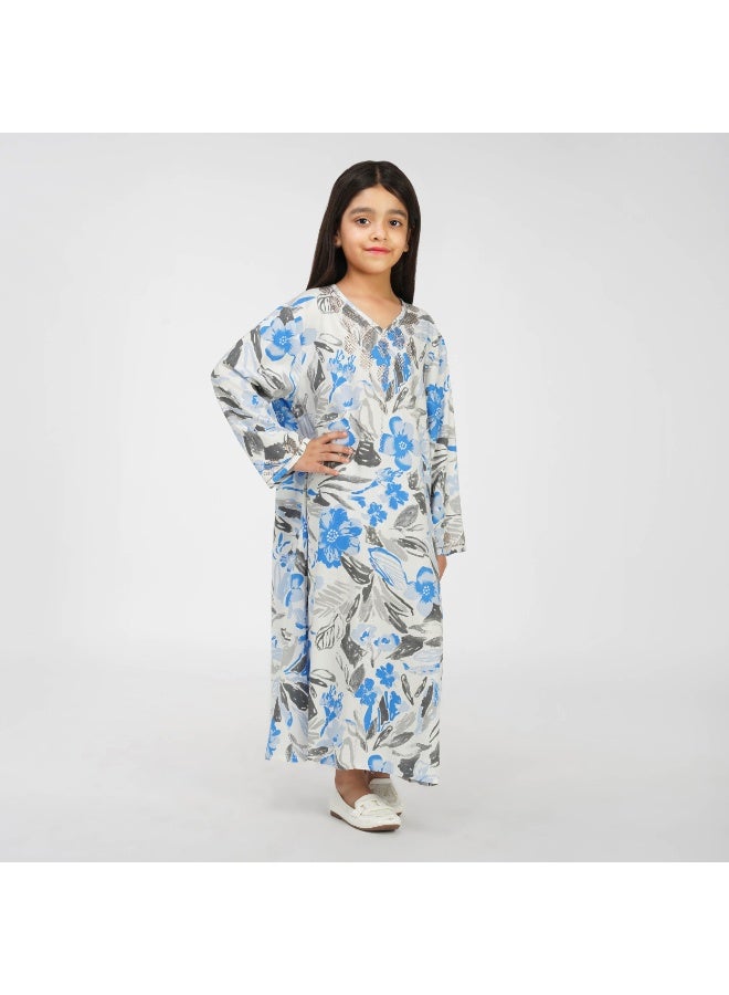 Linelle Floral Kids Jalabiya –  Printed Maxi with V-Neck and Stone Embellishments - Image 4