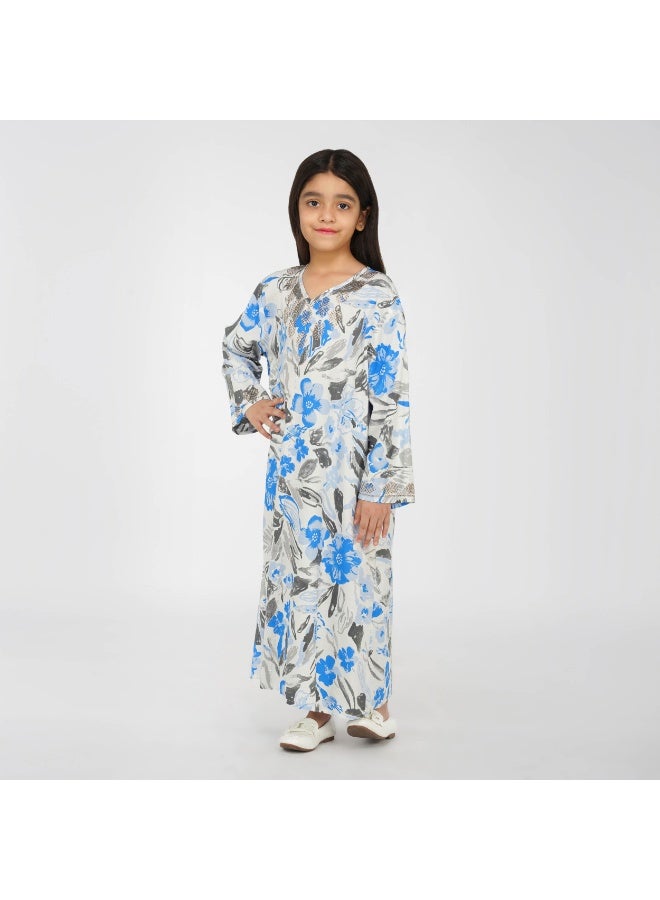 Linelle Floral Kids Jalabiya –  Printed Maxi with V-Neck and Stone Embellishments - Image 3