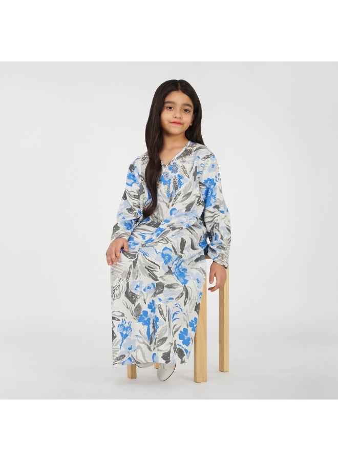Linelle Floral Kids Jalabiya –  Printed Maxi with V-Neck and Stone Embellishments - Image 2