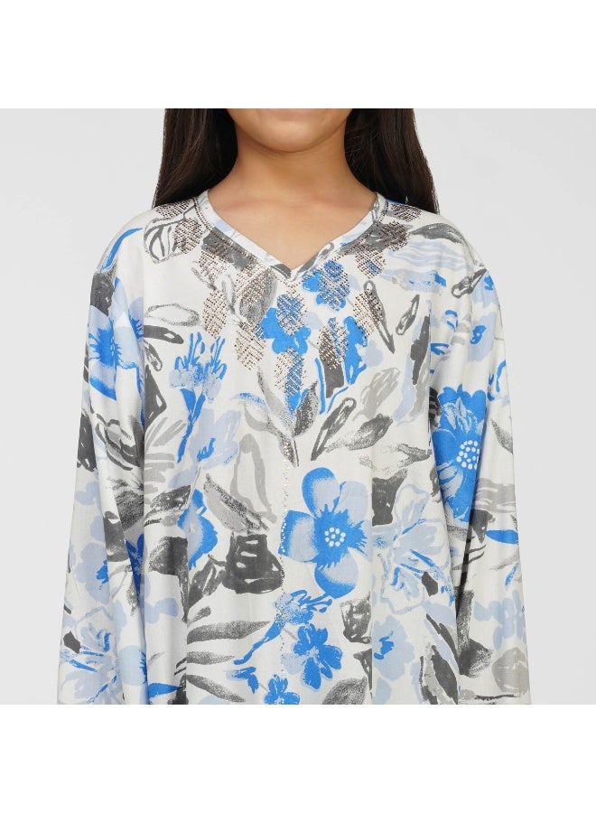 Linelle Floral Kids Jalabiya –  Printed Maxi with V-Neck and Stone Embellishments - Image 5