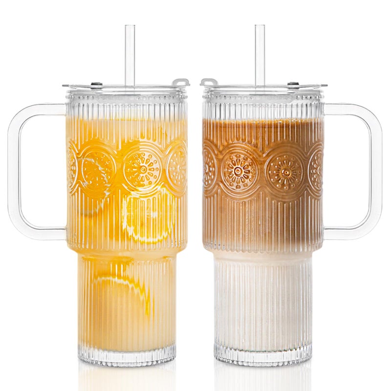 INSETLAN 26oz Ribbed  Floral Glass Tumblers with Handle and Lid Set of 2 Reusable Iced Coffee Cups with Straw Glass Mugs for Water Smoothies Tea and Juice  Ideal for Travel  Daily Use