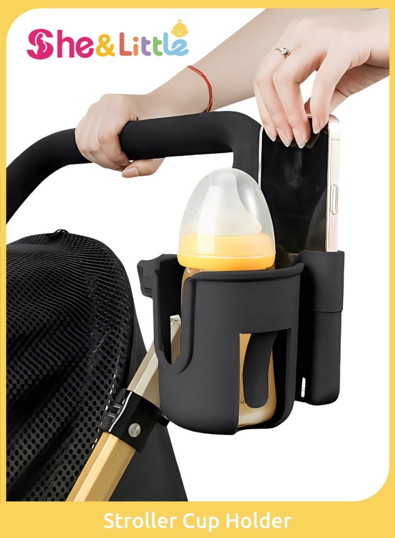 شي آند ليتل حامل أكواب وهاتف عالمي، 2 في 1 مشبك شراب، دوران 360 درجة لعربة الأطفال، الكرسي المتحرك، الدراجة، المشاية (أسود) - Image 1